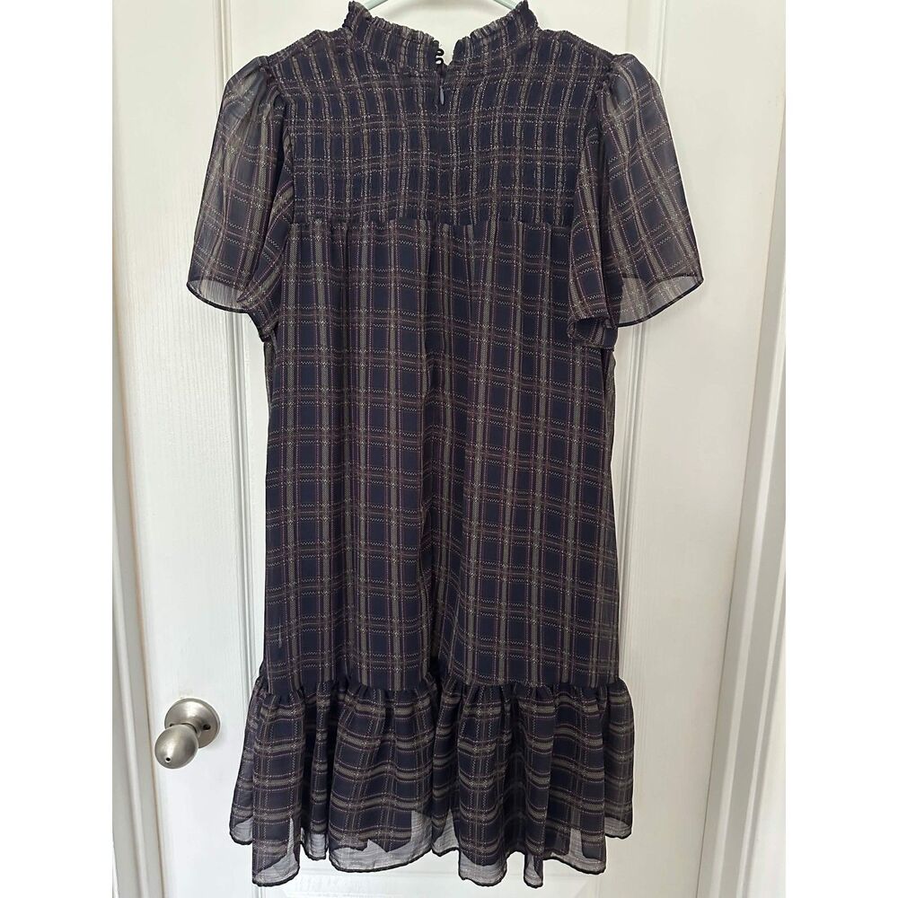 AQUA (Bloomingdale's) Smocked Plaid Ruffle Mini Shift Dress Size M - Picture 3 of 8